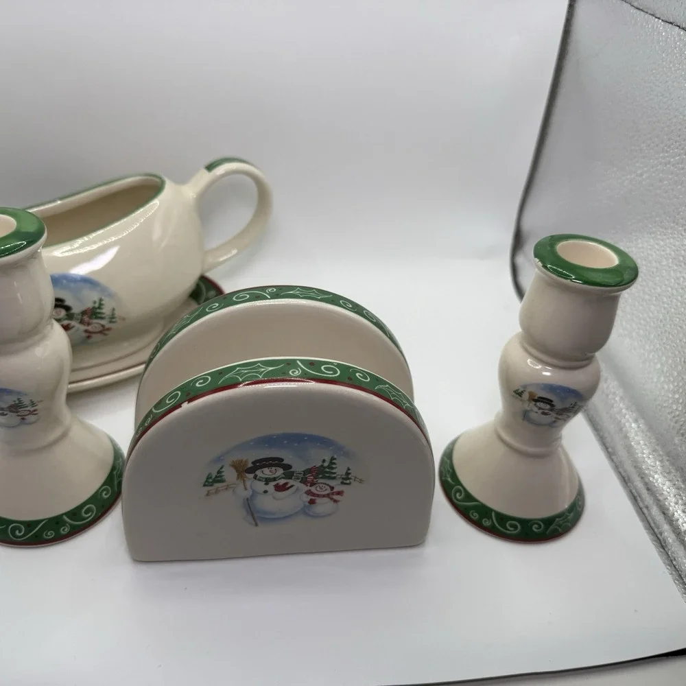 Royal Seasons‎ 5 Piece Stoneware Accessory Set Christmas Holiday Snowmen Green